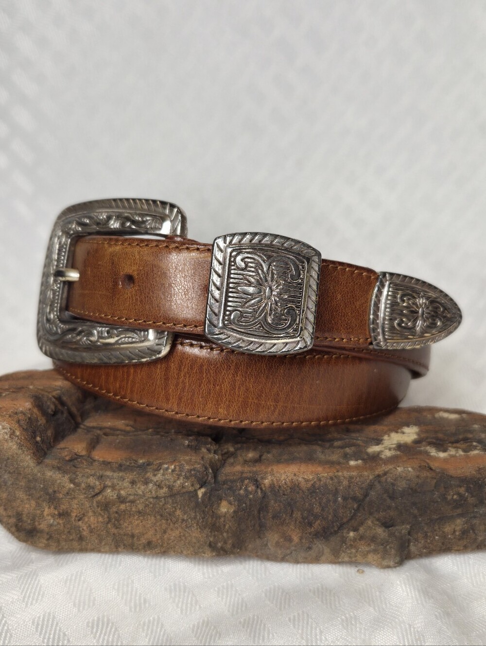 Vintage 90s Fossil Western Belt Authentic Distressed Full Grain Cowhide Brown M